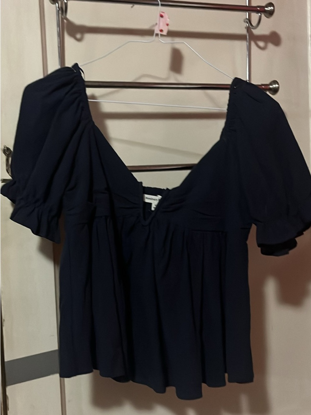 Navy Puff Sleeve Sweetheart Neck Blouse
